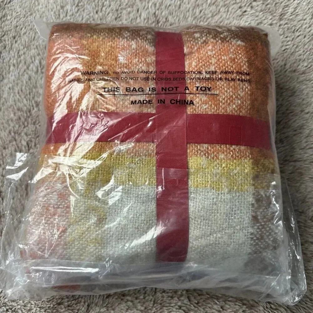 Orange Plaid Blanket Throw Acrylic Soft Reversible Dyed Fringed Bed Blanket f... - Picture 11 of 14